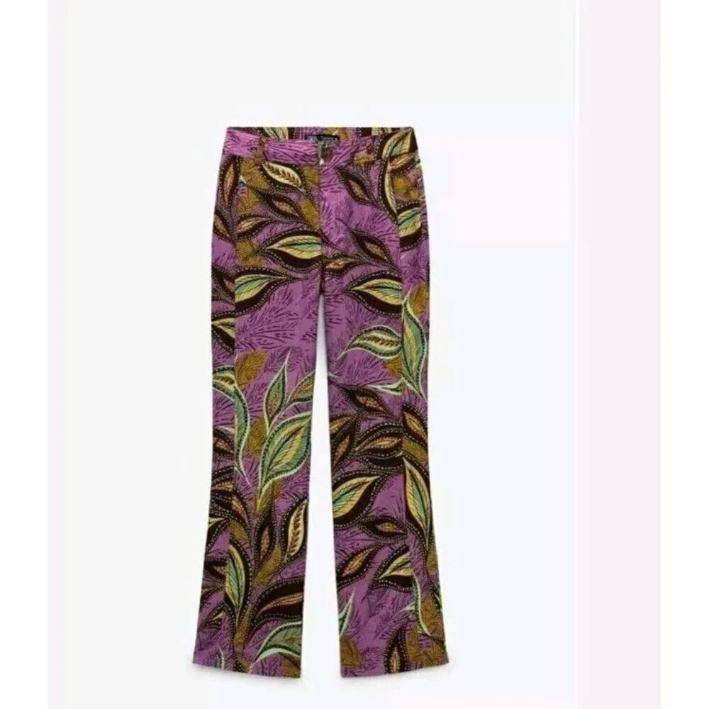 Zara Linen Blend Leaf Print Wide Leg Trouser Women's Size M 7852 604